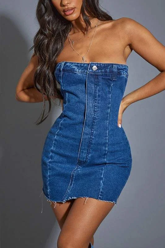 TUBE DENIM MINI DRESS Classic Floral Print Mini Dress