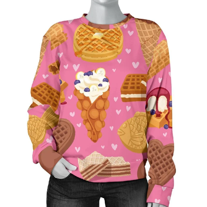 Waffle Dessert Pattern Print Women's Sweatshirt Hoodie with Sequins Glamorous Eye-catching