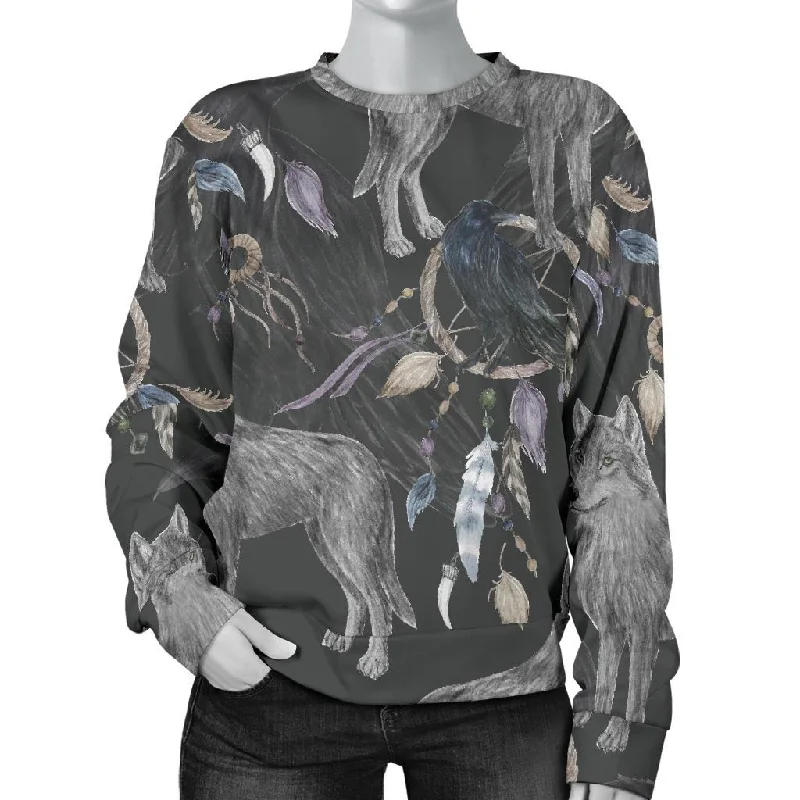 Wolf Print Pattern Women's Sweatshirt Hoodie with Half-Zip Sporty Casual