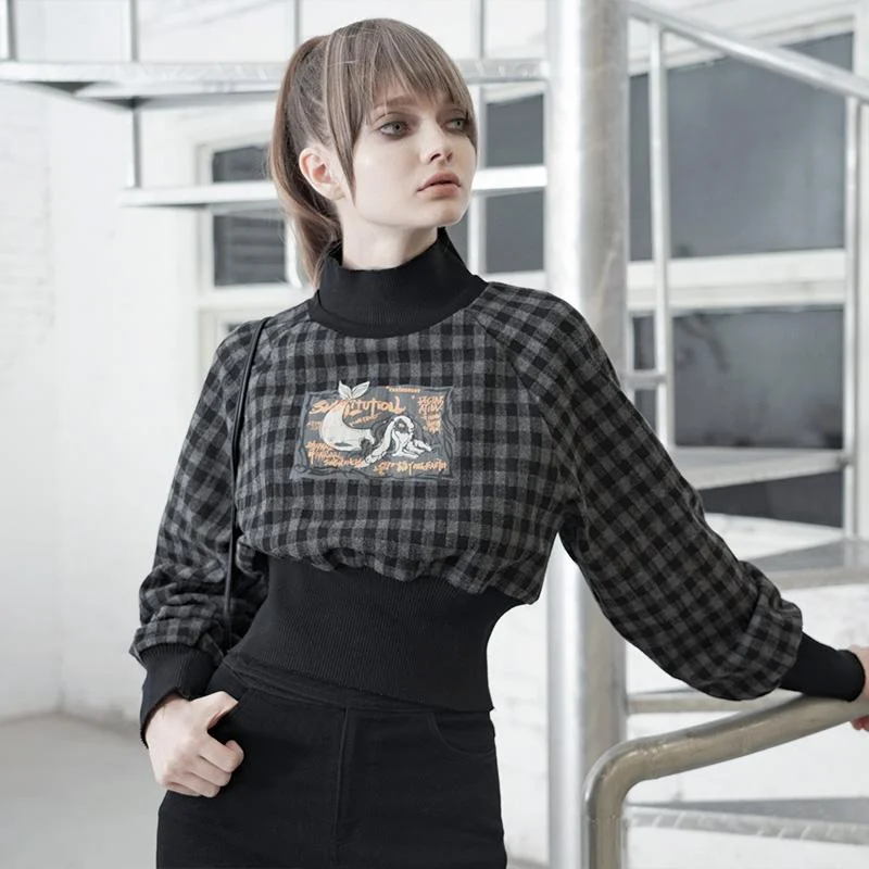 Women's Gothic High Collar Plaid Short Sweatshirts Hoodie with Button Placket Classic Preppy