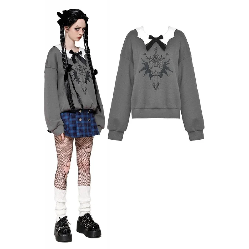 Women's Grunge Bowknot Bat Sweatshirt Gray Hoodie with Hem Raw Edge Edgy Unfinished