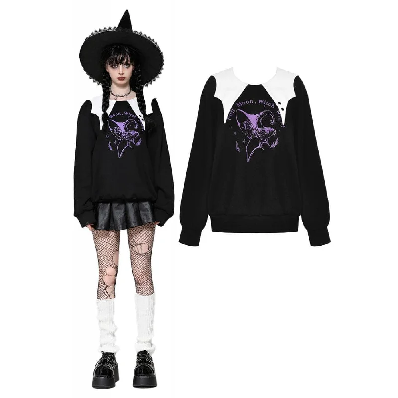 Women's Punk Batwing Sweatshirt Black White Hoodie with Drawstring Waist Adjustable Fitted