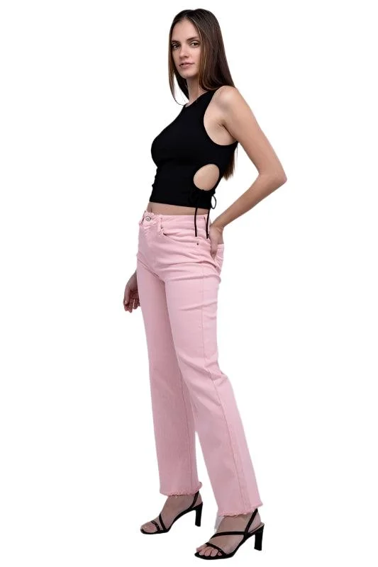 Acid Washed Frayed Cutoff Hem Straight Wide Pants Elegant Palazzo Trousers