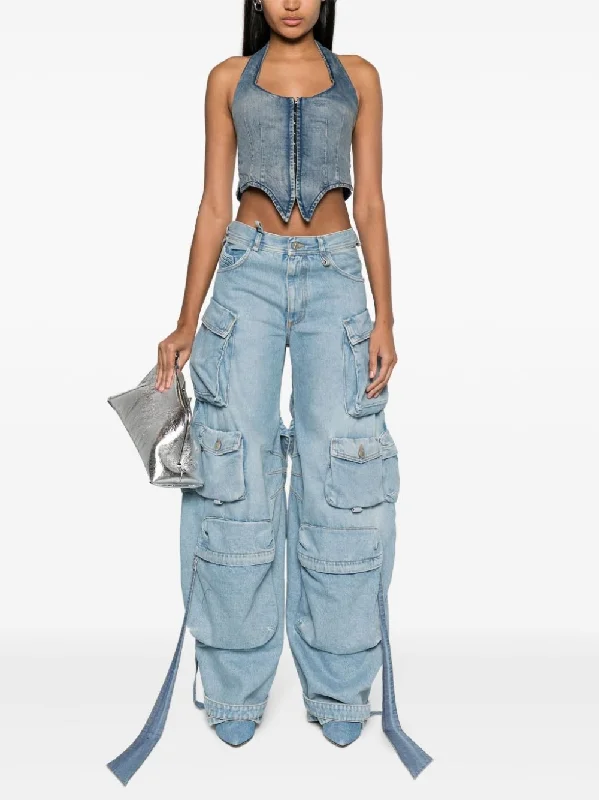 Cargo Denim Pants with Dangling Straps Classic Bootcut Trousers