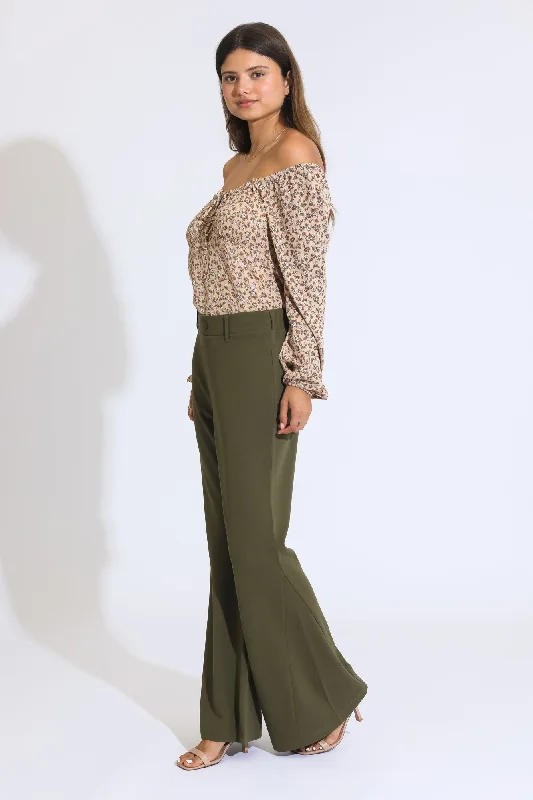 Cassie Pull On Flare Pants - Sea Kelp Trendy High-Waist Trousers