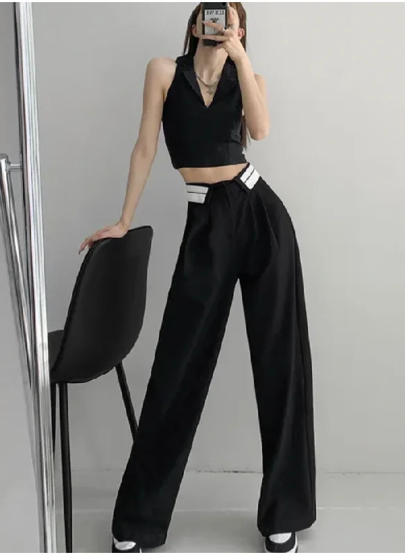 Collar Belt Korean Baggy Pant Soft Stretch Trousers