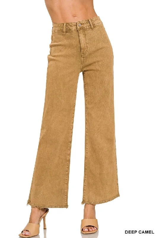 DEEP CAMEL WASHED FRAYED CUTOFF HEM STRAIGHT WIDE PANTS Trendy Velvet Pants