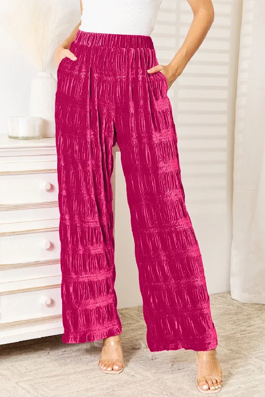 Double Take Full Size High Waist Tiered Shirring Velvet Wide Leg Pants Casual Lounge Pants