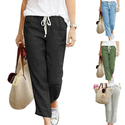 Drawstring Cotton Linen Pants Relaxed Lounge Trousers