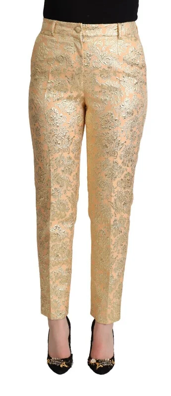 Elegant High-Waisted Pink Brocade Pants Comfy Zip-Up Pants