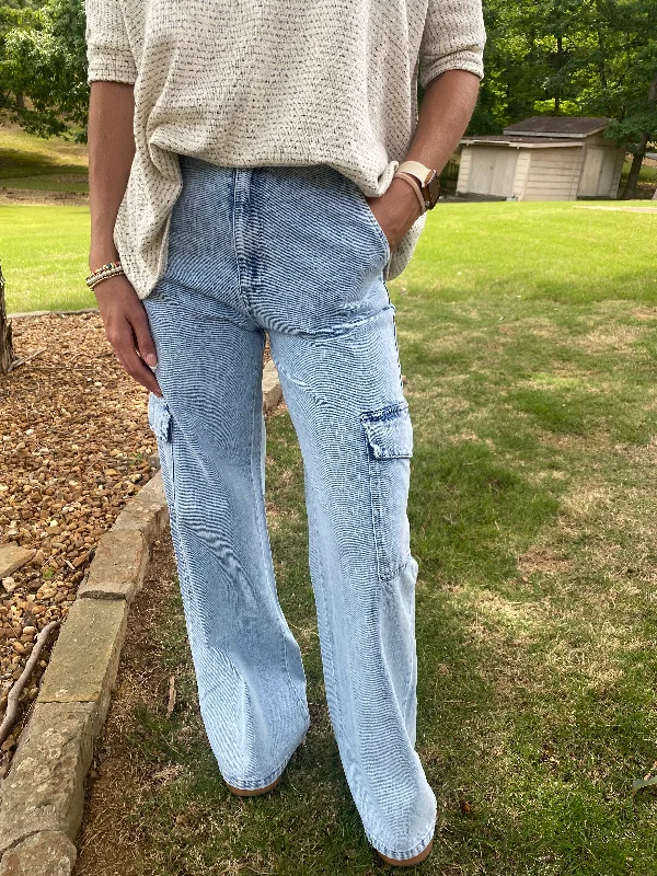 Light Denim Wide Leg Pants Comfy Zip-Up Pants