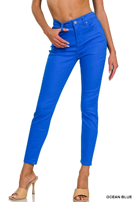 OCEAN BLUE HIGH-RISE SKINNY COLOR DENIM PANTS Elegant Wool Trousers