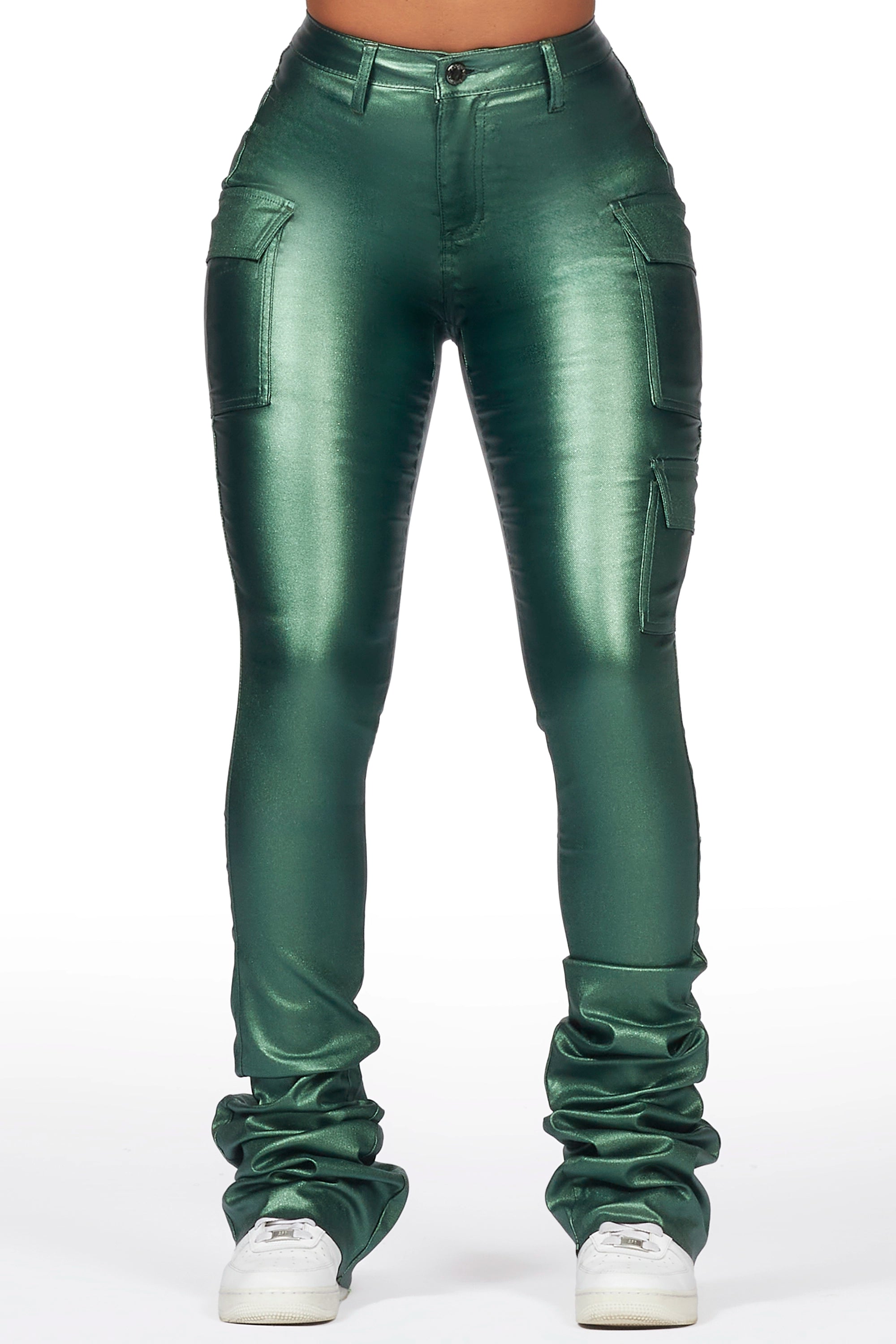 Vixen Metallic Green Cargo Super Stacked Pant Comfortable Wide-Leg Pants