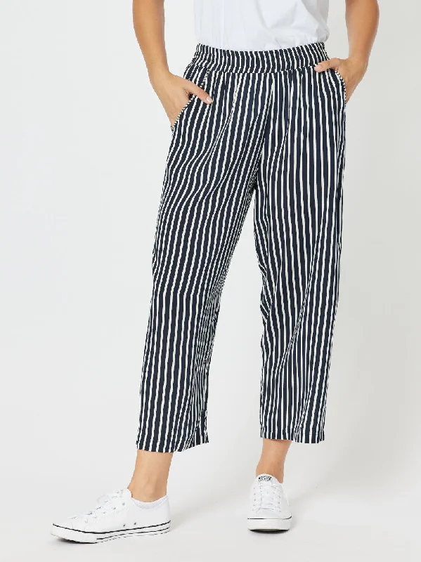 Stripe Wide Leg Pant - Navy Stylish Elastic Waist Pants