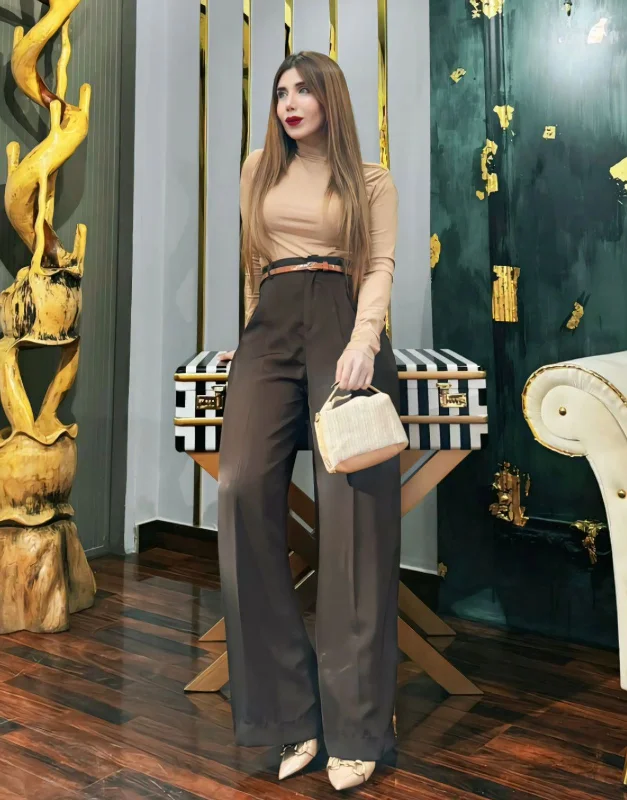 Wide Georgette Pants Coffee Brown High-Waist Jogger Pants