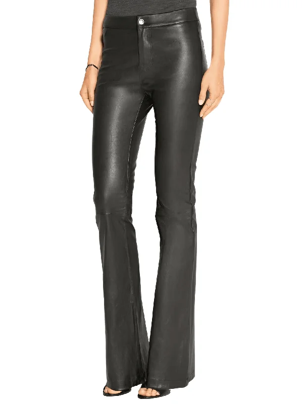 Women's Mid-Waist Slim Flare Black Leather Pants Trendy Wide-Legged Trousers