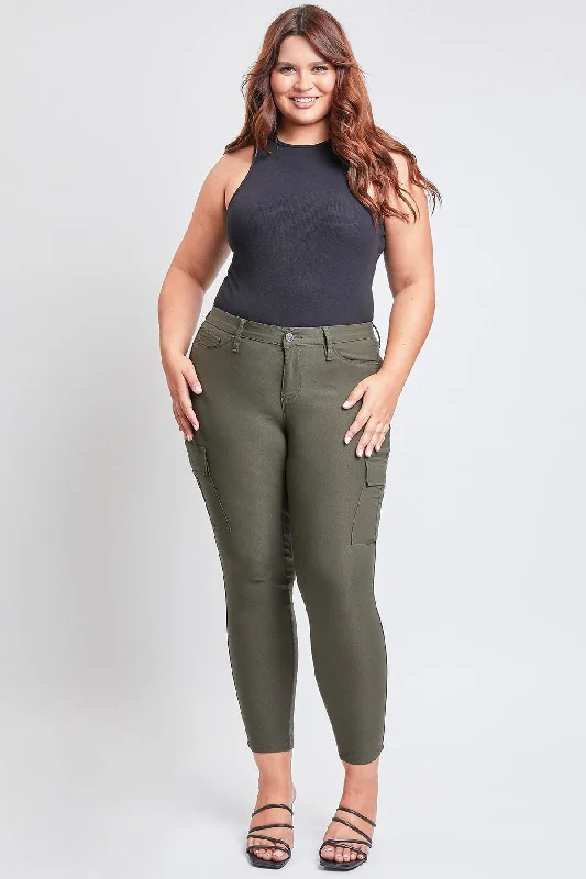 Women's Plus Hyperstretch  Cargo Pants, Dark Olive Stylish Elastic Waist Pants