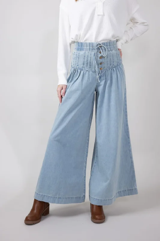 Yoke Pintuck Wide Leg Denim Pants for Women | MAP2991-DENIM Cozy Lounge Pants