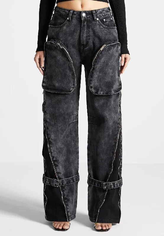 Zip Detail Denim Cargo Pants - Washed Black Fashionable Button-Up Pants