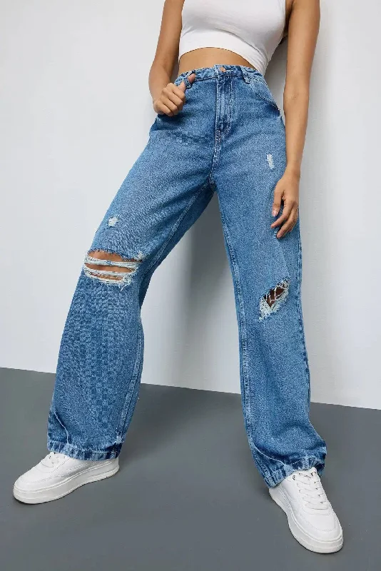 Mid Blue Grunge Style Ripped Jeans Stylish High-Waisted Denim