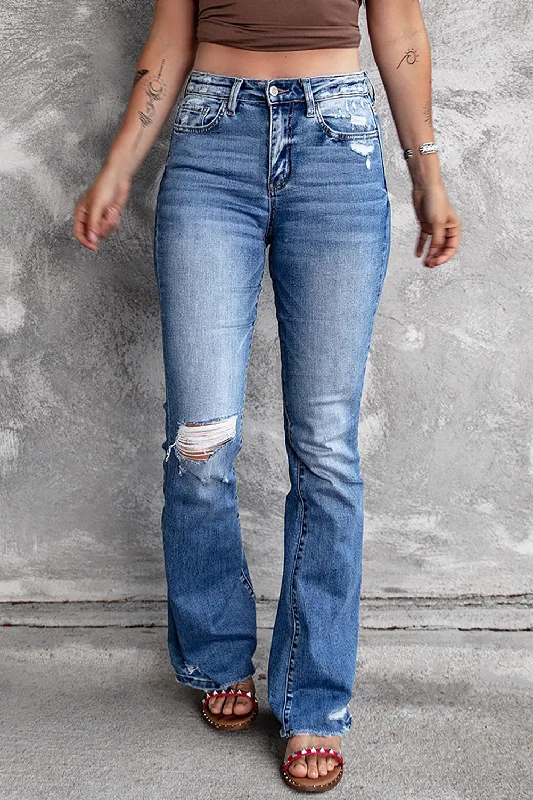 Blue Distressed Flare Jeans Stylish Relaxed Fit Skinny Jeans