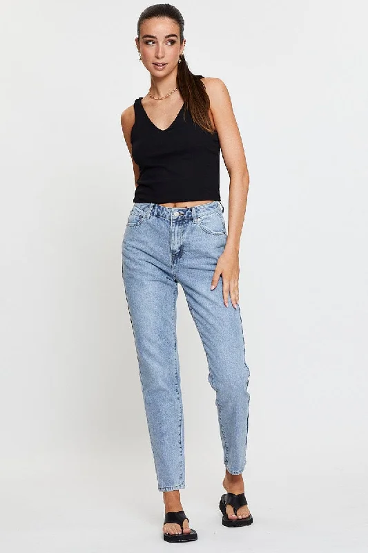 Blue High Rise Mom Jeans Trendy Low-Rise Slim Jeans