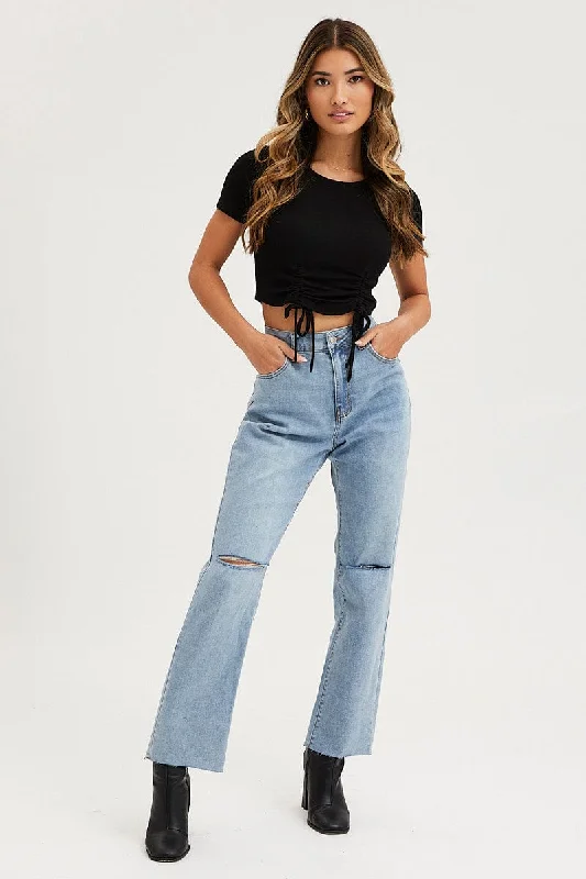 Blue Straight Denim Jeans High Rise Casual Bootcut Ripped Jeans