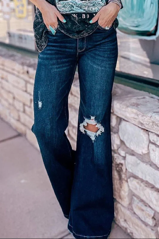 Distressed Wide Leg Jeans with Pockets Elegant Wide-Leg Jeans