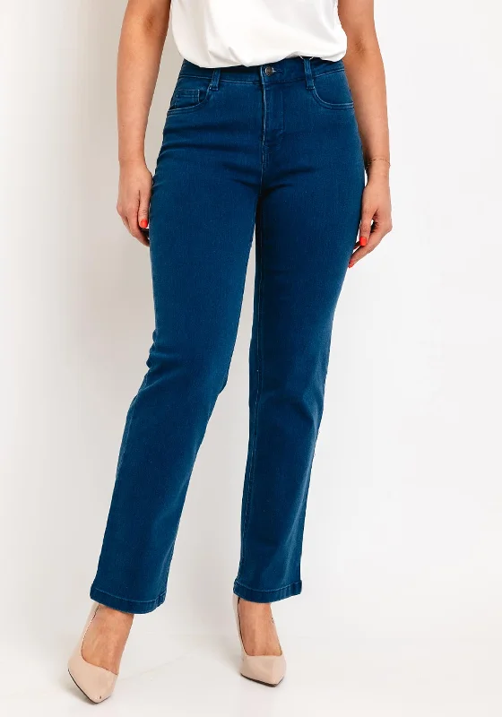 Fransa Elli Luxe Straight Leg Jeans, Mid Blue Denim Stylish Acid-Wash Jeans