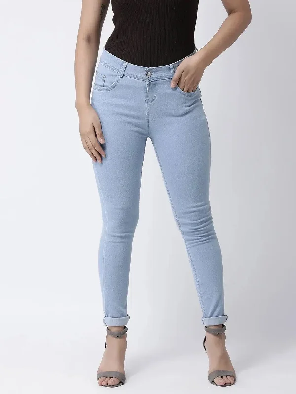 Hangup Women Slim Solid Women Jeans-Ladies_SkyBlueJeans Chic Rip-Detail High-Waist Jeans