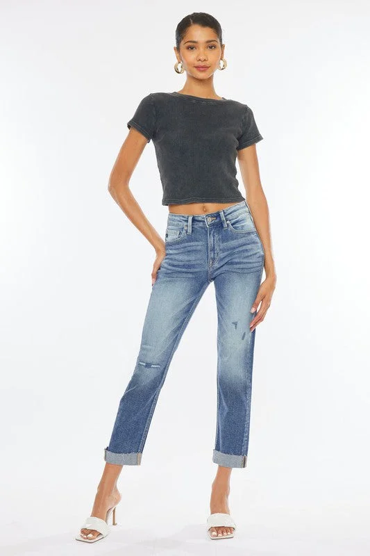 Kan Can High Rise Cuffed Slim Straight Jeans Trendy Classic Fit Jeans