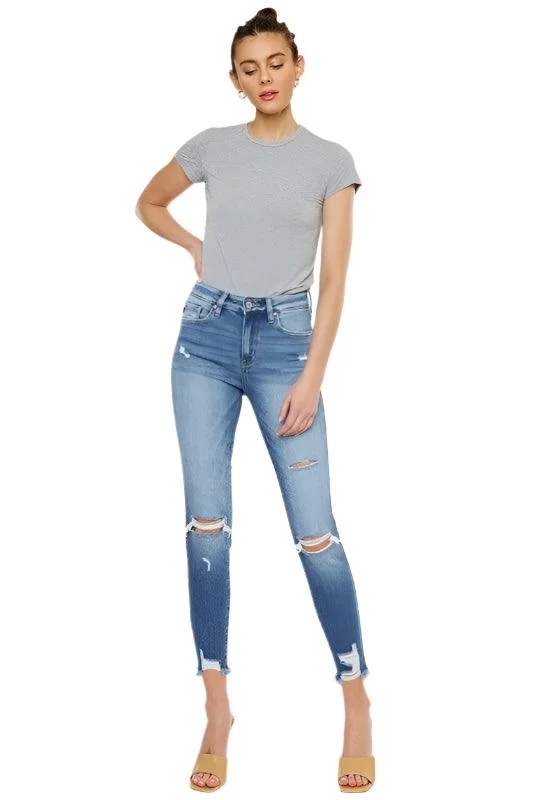 High Rise Fray Hem Ankle Skinny Jeans Trendy Wide-Leg High-Waist Denim