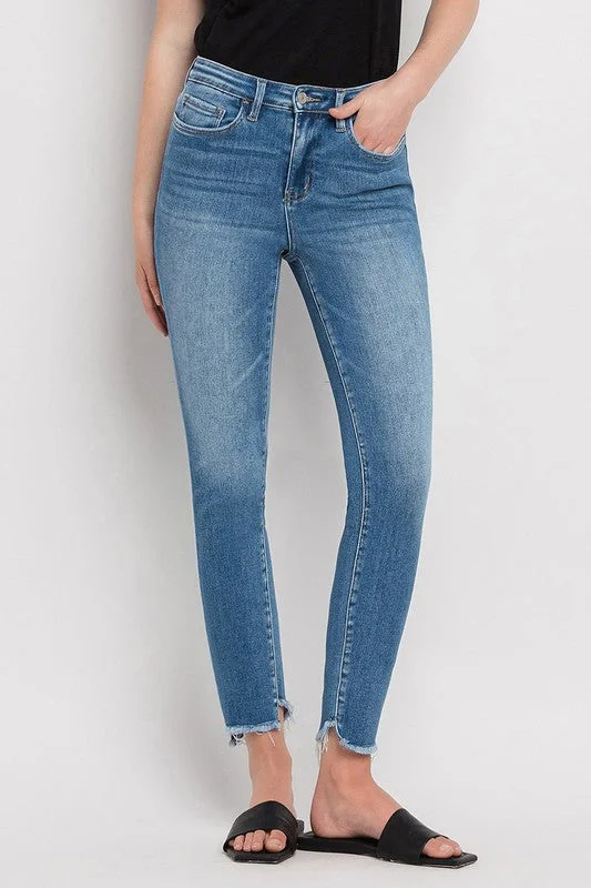 High Rise Raw Step Hem Ankle Skinny Jeans Trendy Wide-Legged High-Waist Jeans