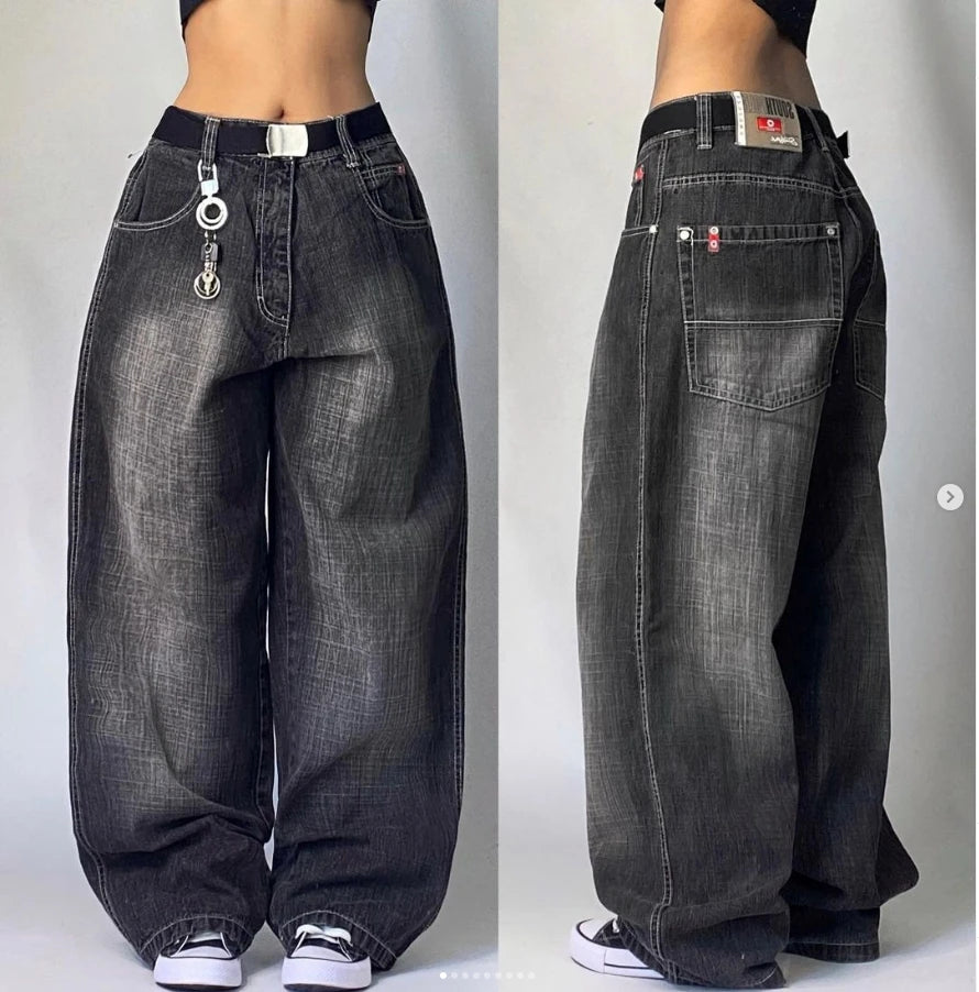 Retro Street Jeans High Street Hip-Hop Pocket Loose Wide-Leg Pants Stylish Paperbag Waist Denim