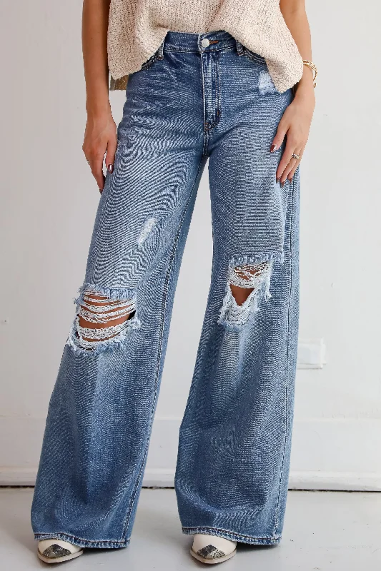 Lennon Medium Wash Distressed Wide Leg Jeans Elegant Bootcut Fit Jeans