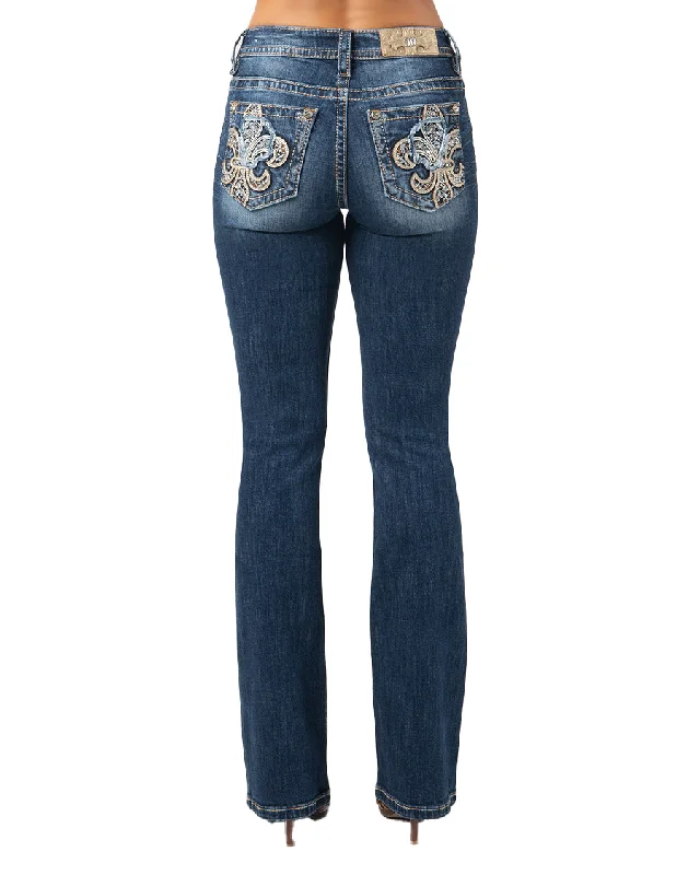 Women's Crystal Fleur De Lis Boot Cut Jeans Stylish Slim Fit Denim