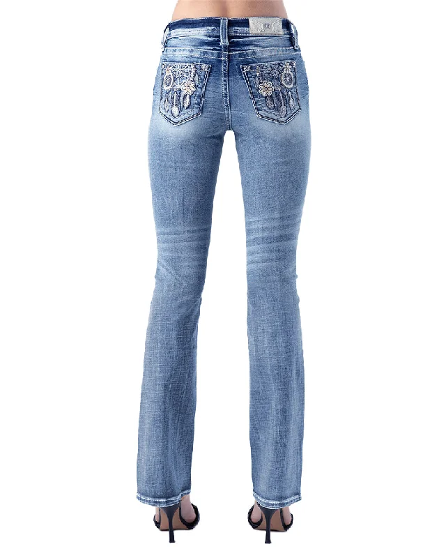 Women's Flower Dream Catcher Boot Cut Jeans Stylish Stone-Wash Denim Jeans