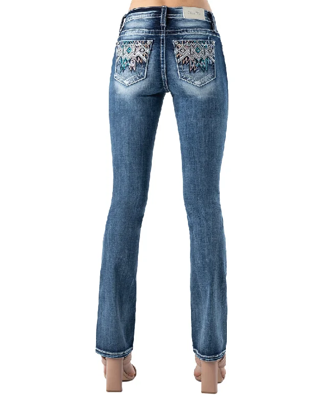 Women's Zig Zag Boot Cut Jeans Chic Rolled Cuff Denim Jeans