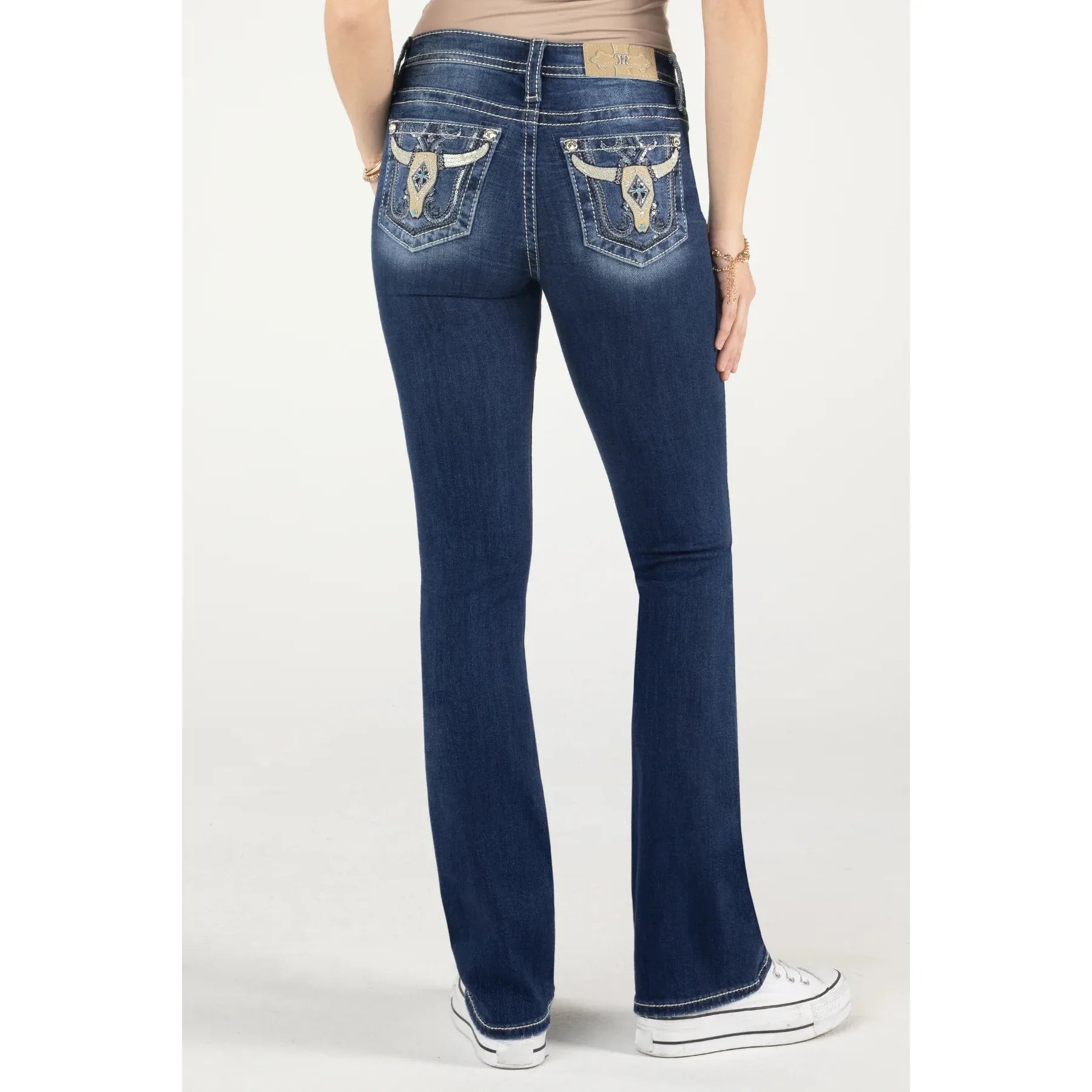 Miss Me Sequin Swirl Longhorn Bootcut Jeans #M9220B Casual Wide-Legged Denim Jeans