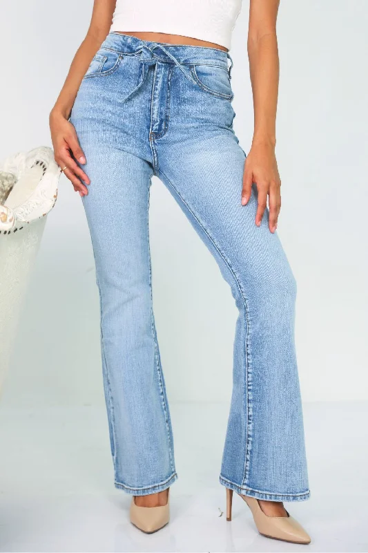 Petite Belted High Rise Flare Jeans (Medium Wash) Casual Straight-Leg Jeans