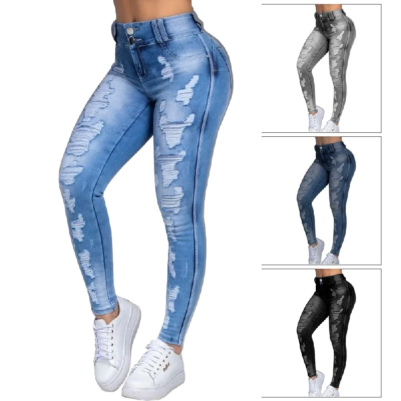 Plus Size Women Skinny Jeans Ripped Causal Denim Pants Light Washed High Waist Tight Ladies Jeans Causal Hole Female Trousers Trendy Colored Denim Jeans