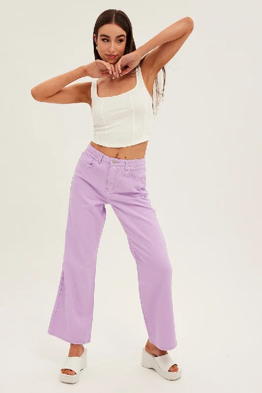 Purple Denim Jeans High Rise Wide Leg Trendy Patchwork Denim Jeans