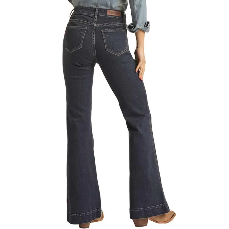 Rock & Roll Denim Women's High Rise Triple Button Trouser Jeans Chic Double Waistband Jeans