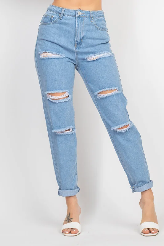 Rolled Hem Ripped Denim Jeans - Ships from The US Comfortable Boyfriend Jeans