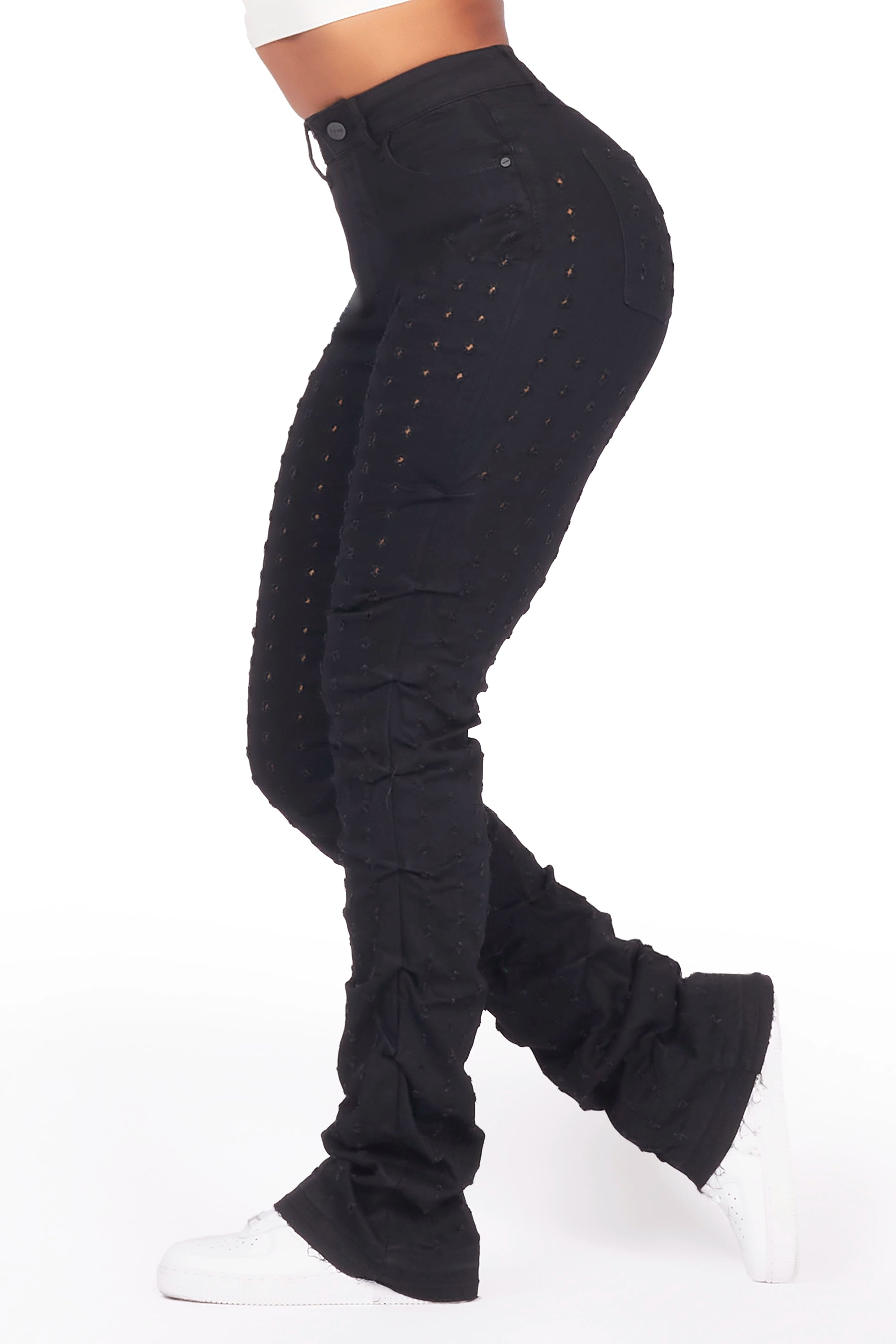 Valondra Black Stacked Flare Jean Trendy Button-Up High-Waist Jeans