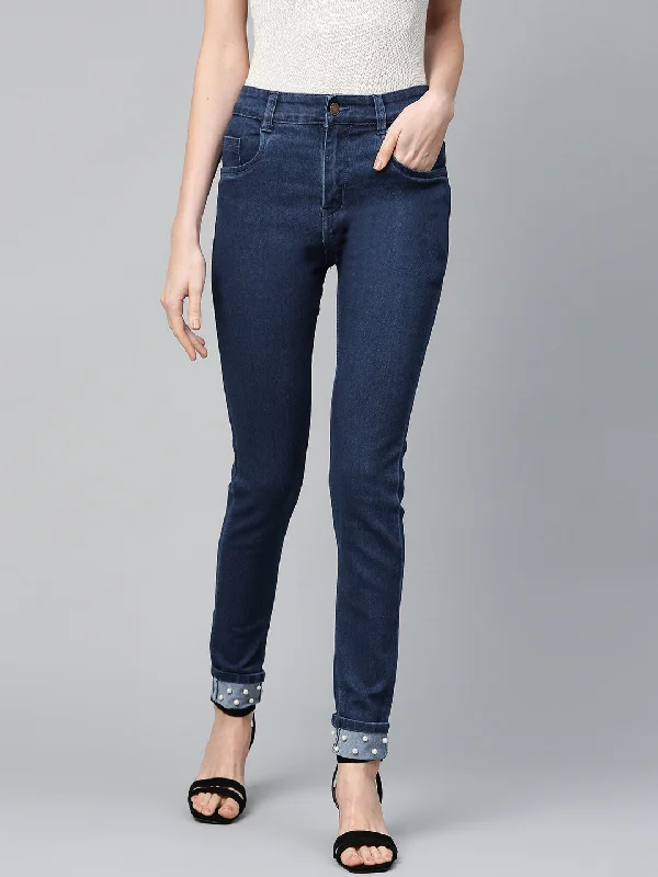 Basic Blue Pearl Studded Hem Jeans Chic Dark-Wash Skinny Jeans