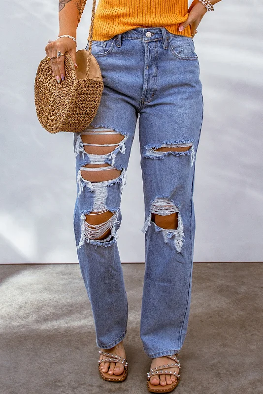 Mid-Rise Distressed Denim Blue Jeans Fashionable Straight Cut Jeans