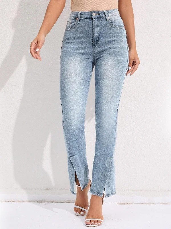 Slit Buttoned Jeans with Pockets Fashionable Straight Cut Jeans