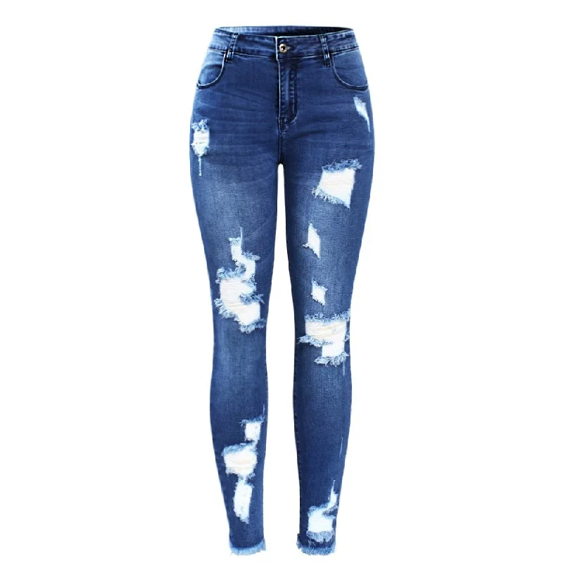 Stretchy Blue Tassel Ripped Jeans Elegant Bootcut Fit Jeans