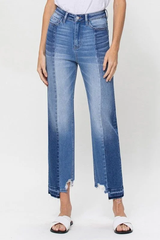 Flying Monkey | Super High Rise Crop Straight Jeans W Contrast And Uneve Stylish Stone-Wash Denim Jeans